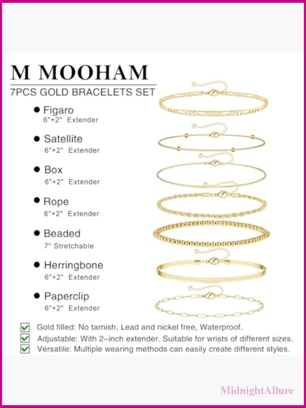 7PCS Gold Bracelet Set - Stackable Link Bracelets with Lobster Claw Clasps - Picture 5 of 7